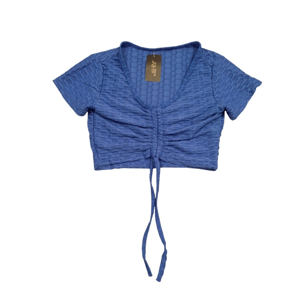 J&W Ruched Front Crop Top Womens L/XL Blue Honeycomb Bubble Texture V-Neck